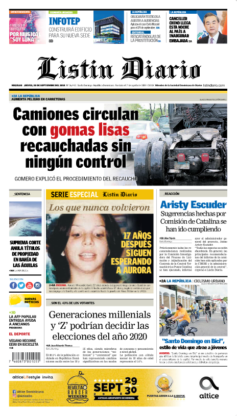 Portada Periódico Listín Diario, Jueves 20 de Septiembre 2018