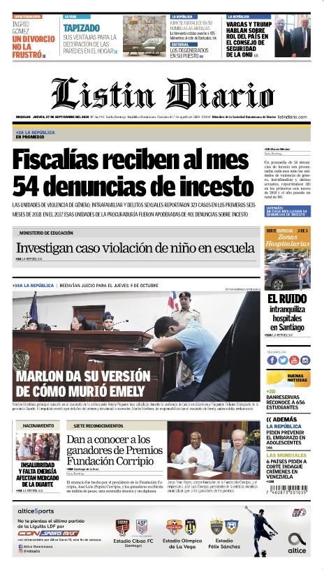 Portada Periódico Listín Diario, Jueves 27 de Septiembre 2018