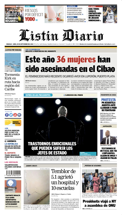 Portada Periódico Listín Diario, Lunes 24 de Septiembre 2018
