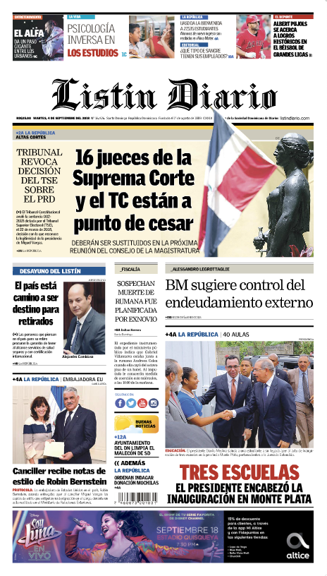Portada Periódico Listín Diario, Martes 04 de Septiembre 2018