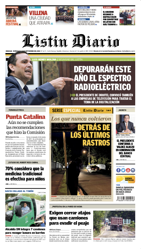 Portada Periódico Listín Diario, Miércoles 19 de Septiembre 2018