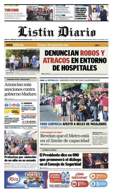 Portada Periódico Listín Diario, Miércoles 26 de Septiembre 2018