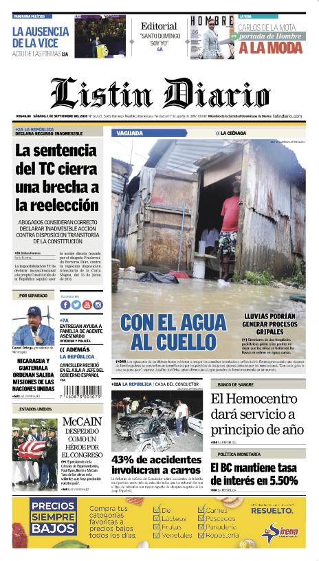 Portada Periódico Listín Diario, Sábado 01 de Septiembre 2018
