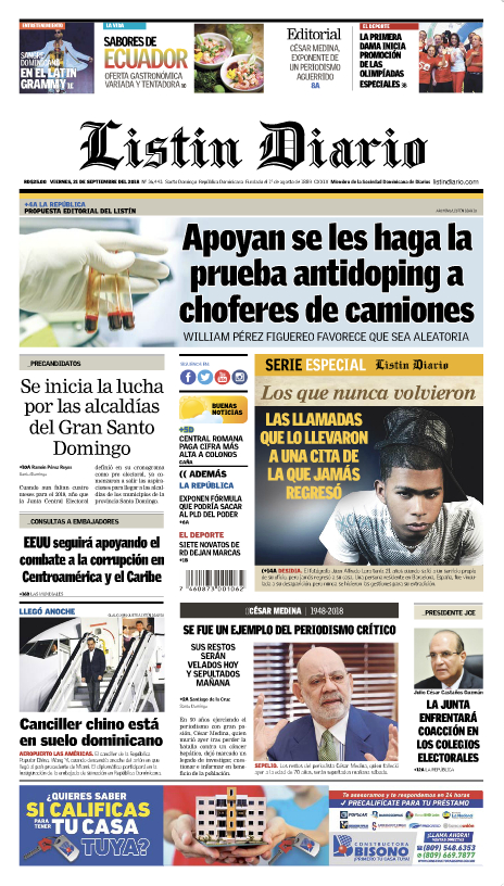 Portada Periódico Listín Diario, Viernes 21 de Septiembre 2018