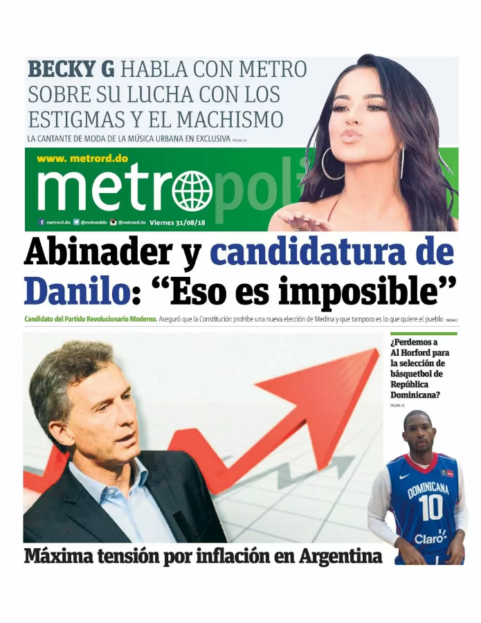 Portada Periódico Metro, Sábado 01 de Septiembre 2018