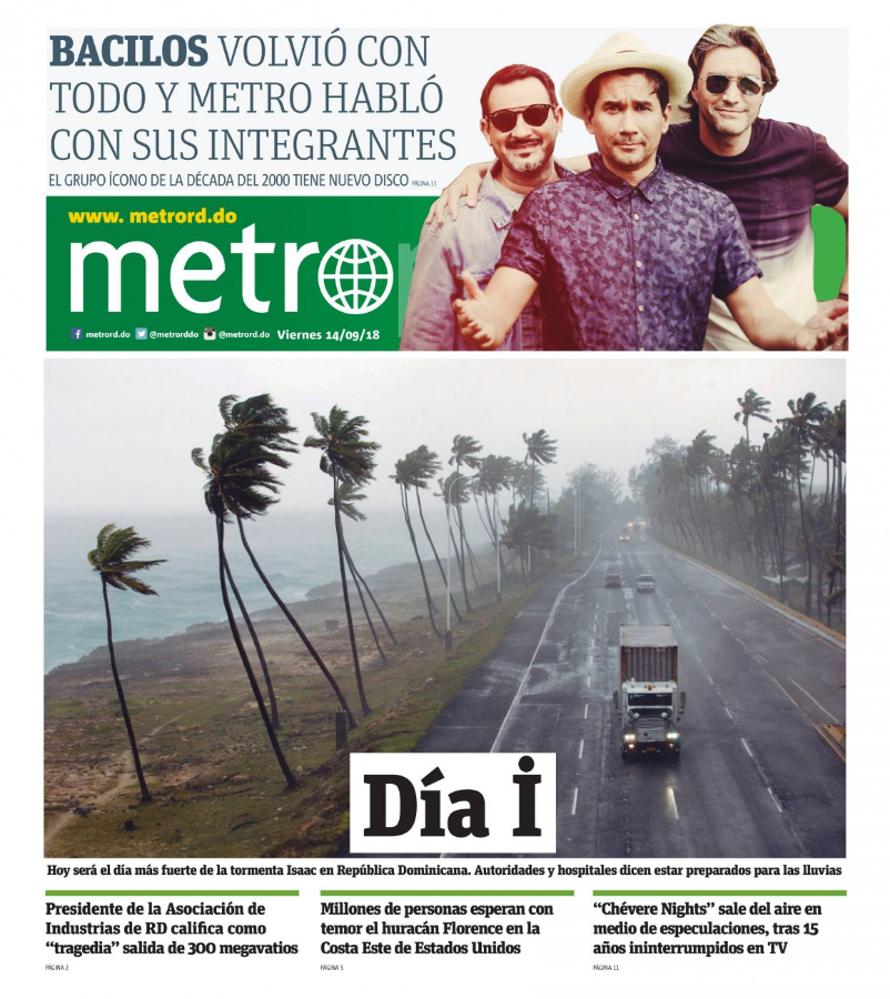 Portada Periódico Metro, Viernes 14 de Septiembre 2018