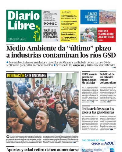 Portada Periódico Diario Libre, Jueves 07 de Septiembre 2018