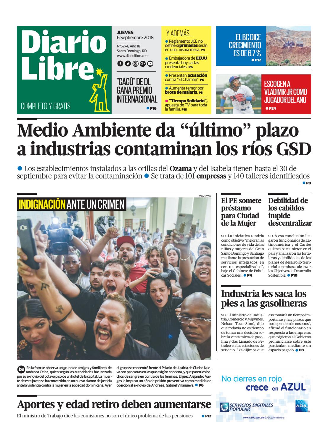 Portada Periódico Diario Libre, Jueves 07 de Septiembre 2018