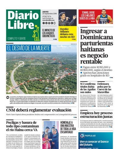 Portada Periódico Diario Libre, Jueves 20 de Septiembre 2018