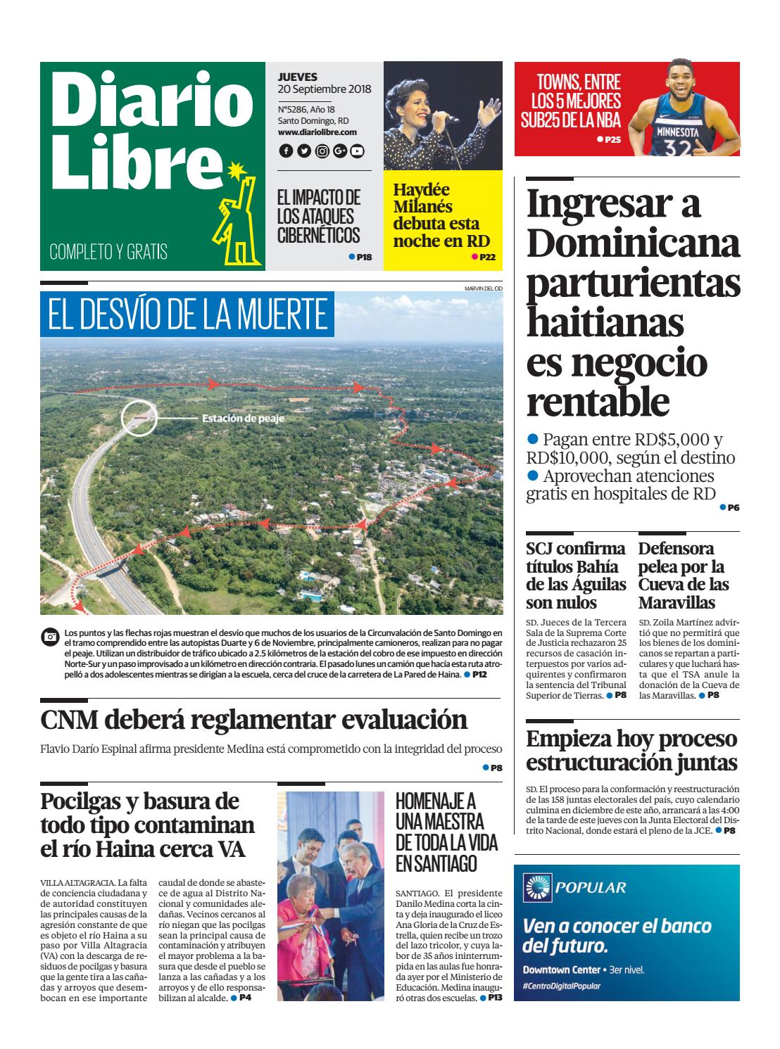 Portada Periódico Diario Libre, Jueves 20 de Septiembre 2018