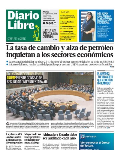 Portada Periódico Diario Libre, Jueves 27 de Septiembre 2018