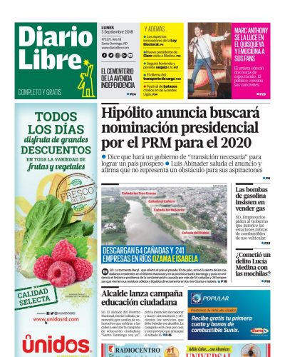 Portada Periódico Diario Libre, Lunes 03 de Septiembre 2018