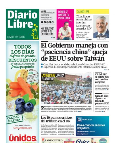 Portada Periódico Diario Libre, Lunes 10 de Septiembre 2018