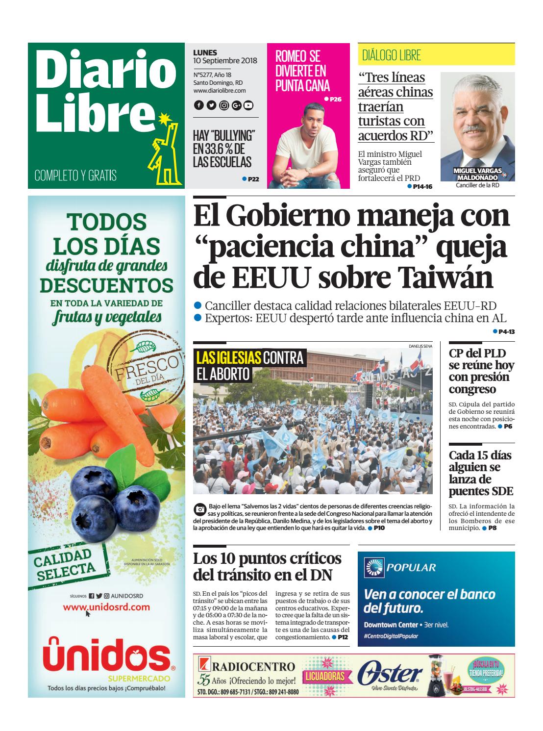 Portada Periódico Diario Libre, Lunes 10 de Septiembre 2018