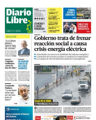 Portada Periódico Diario Libre, Lunes 17 de Septiembre 2018