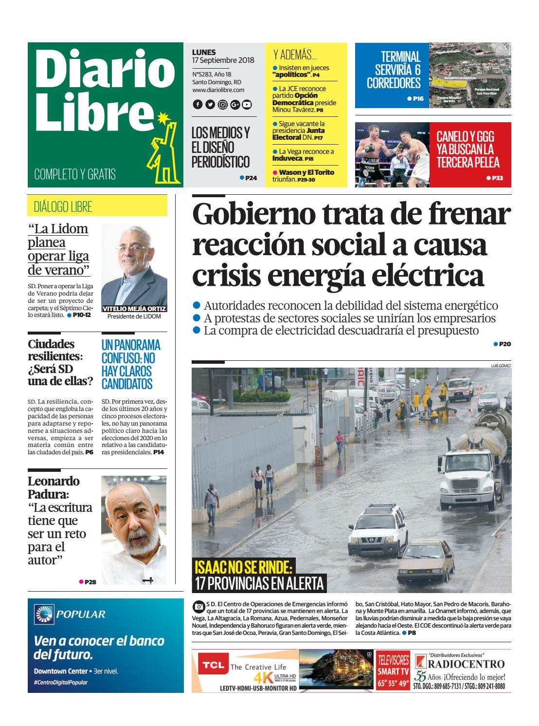 Portada Periódico Diario Libre, Lunes 17 de Septiembre 2018