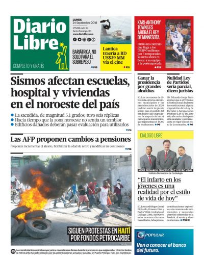 Portada Periódico Diario Libre, Lunes 24 de Septiembre 2018