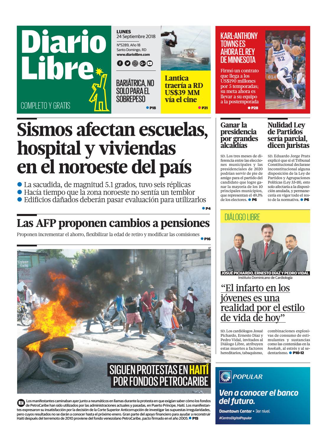 Portada Periódico Diario Libre, Lunes 24 de Septiembre 2018