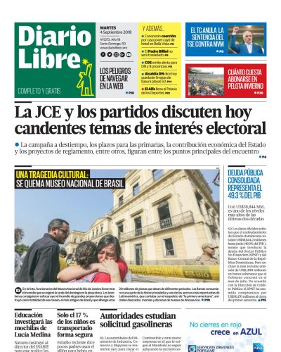 Portada Periódico Diario Libre, Martes 04 de Septiembre 2018