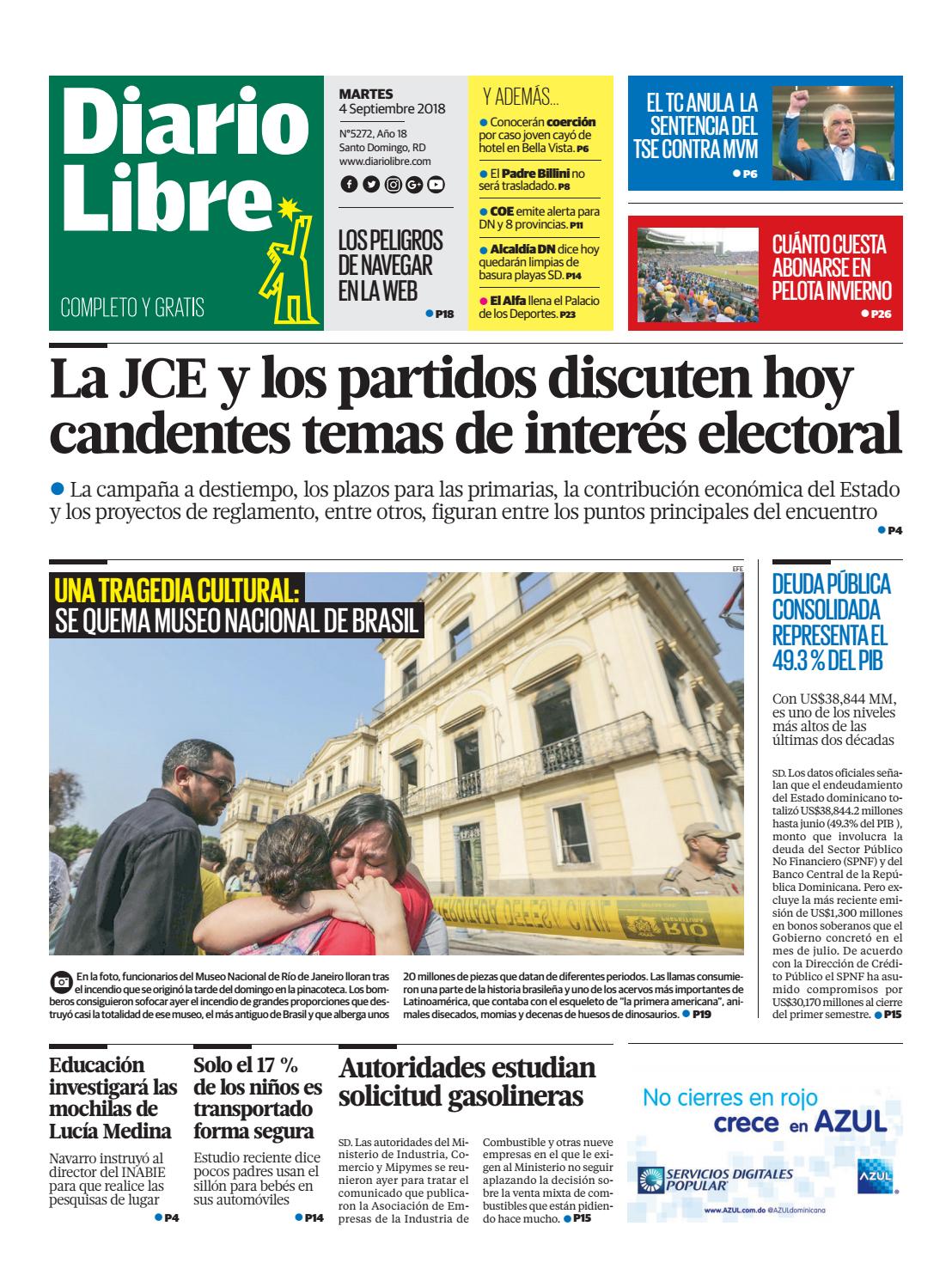 Portada Periódico Diario Libre, Martes 04 de Septiembre 2018