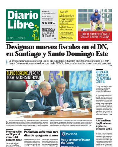 Portada Periódico Diario Libre, Martes 11 de Septiembre 2018