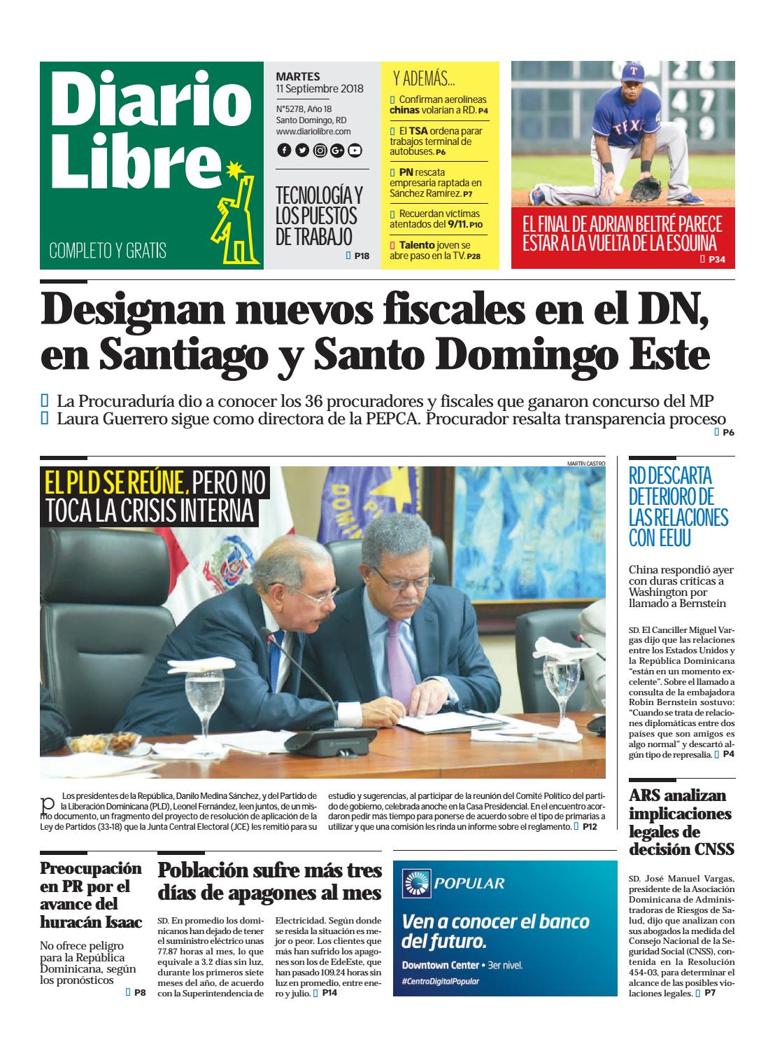 Portada Periódico Diario Libre, Martes 11 de Septiembre 2018