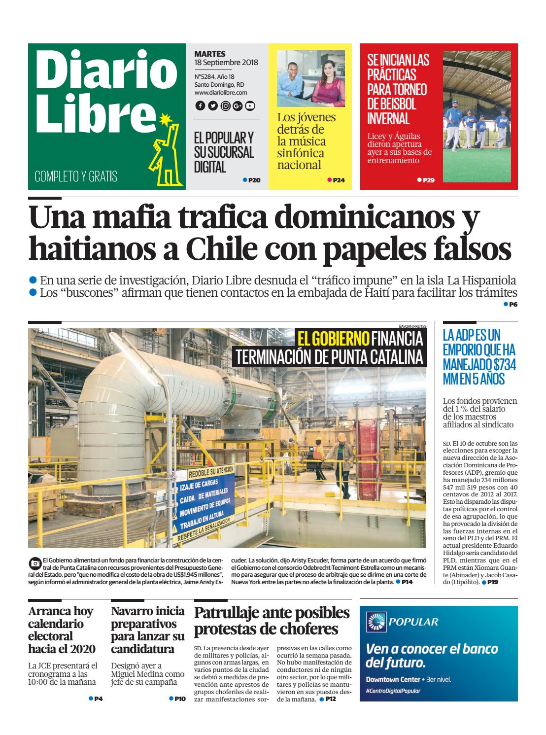 Portada Periódico Diario Libre, Martes 18 de Septiembre 2018