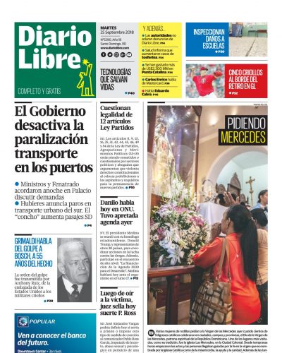Portada Periódico Diario Libre, Martes 25 de Septiembre 2018