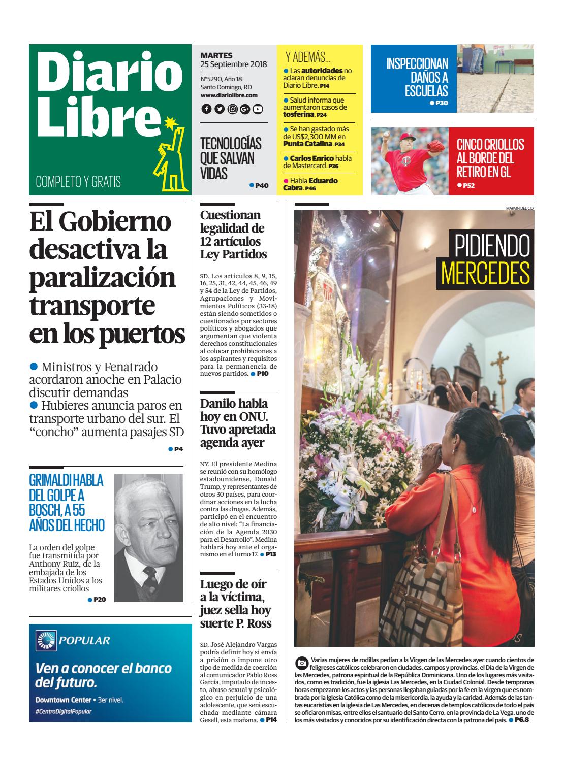 Portada Periódico Diario Libre, Martes 25 de Septiembre 2018