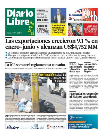 Portada Periódico Diario Libre, Miércoles 05 de Septiembre 2018