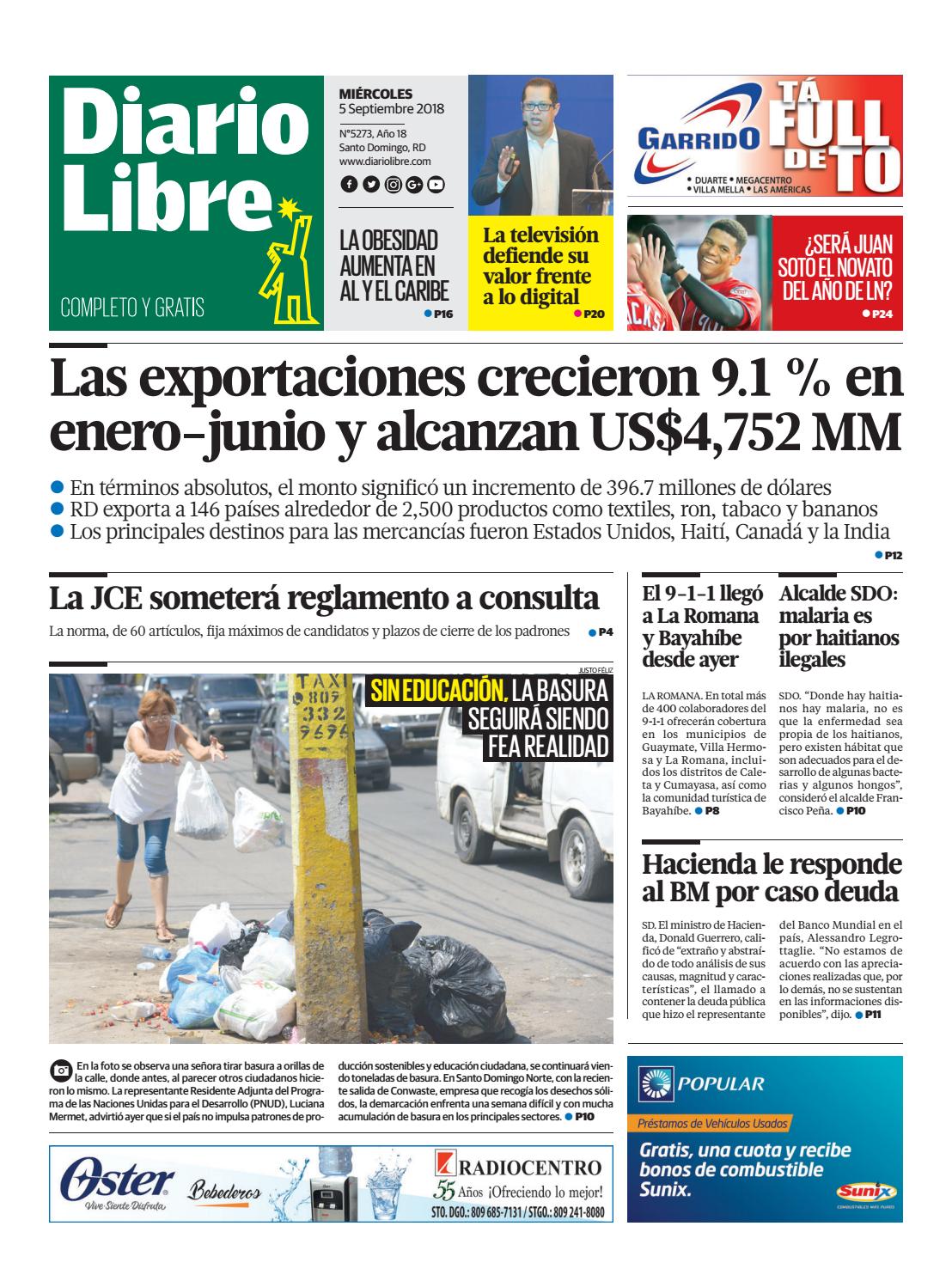 Portada Periódico Diario Libre, Miércoles 05 de Septiembre 2018