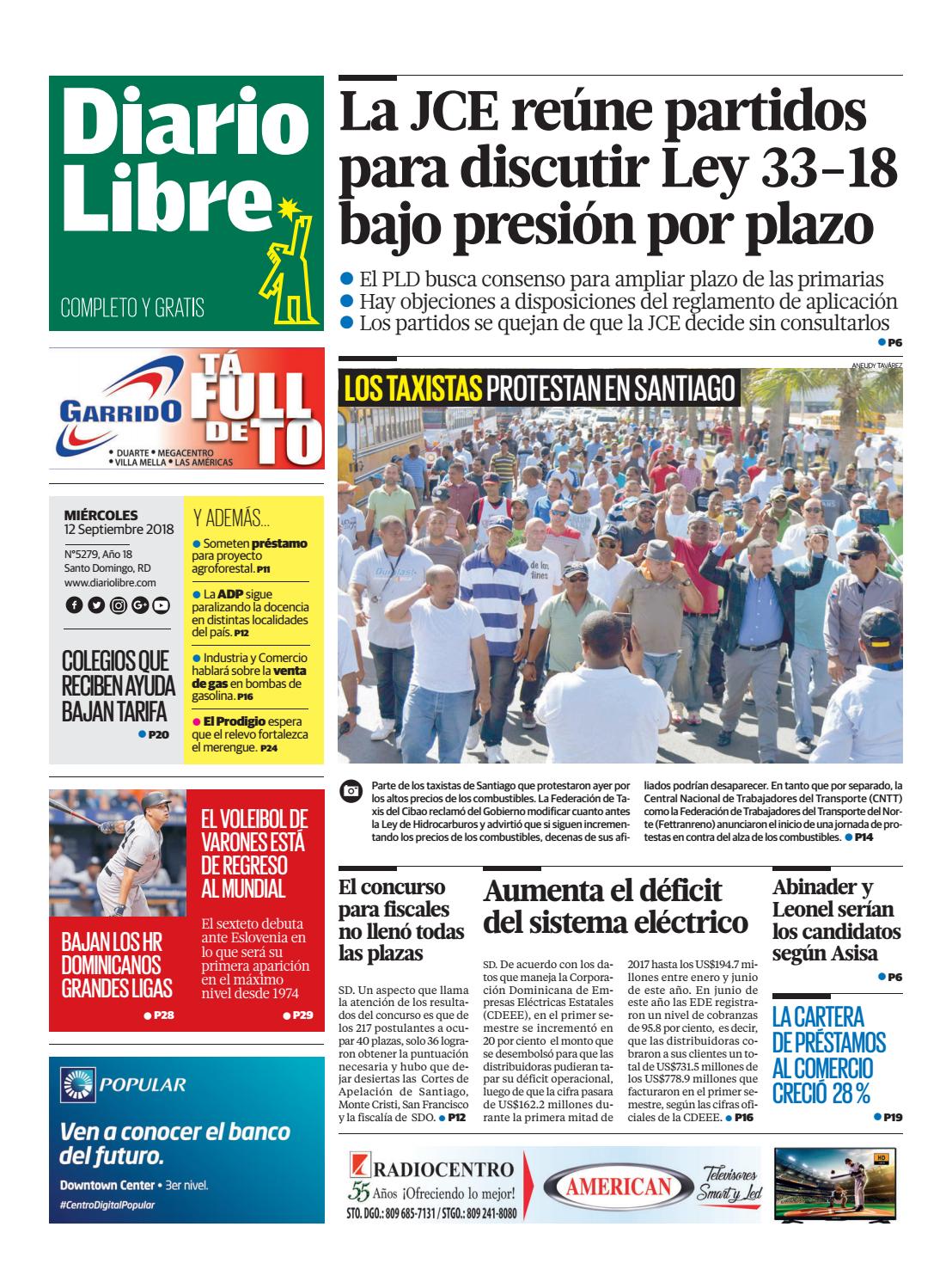 Portada Periódico Diario Libre, Miércoles 12 de Septiembre 2018