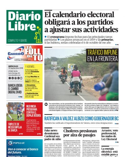 Portada Periódico Diario Libre, Miércoles 19 de Septiembre 2018