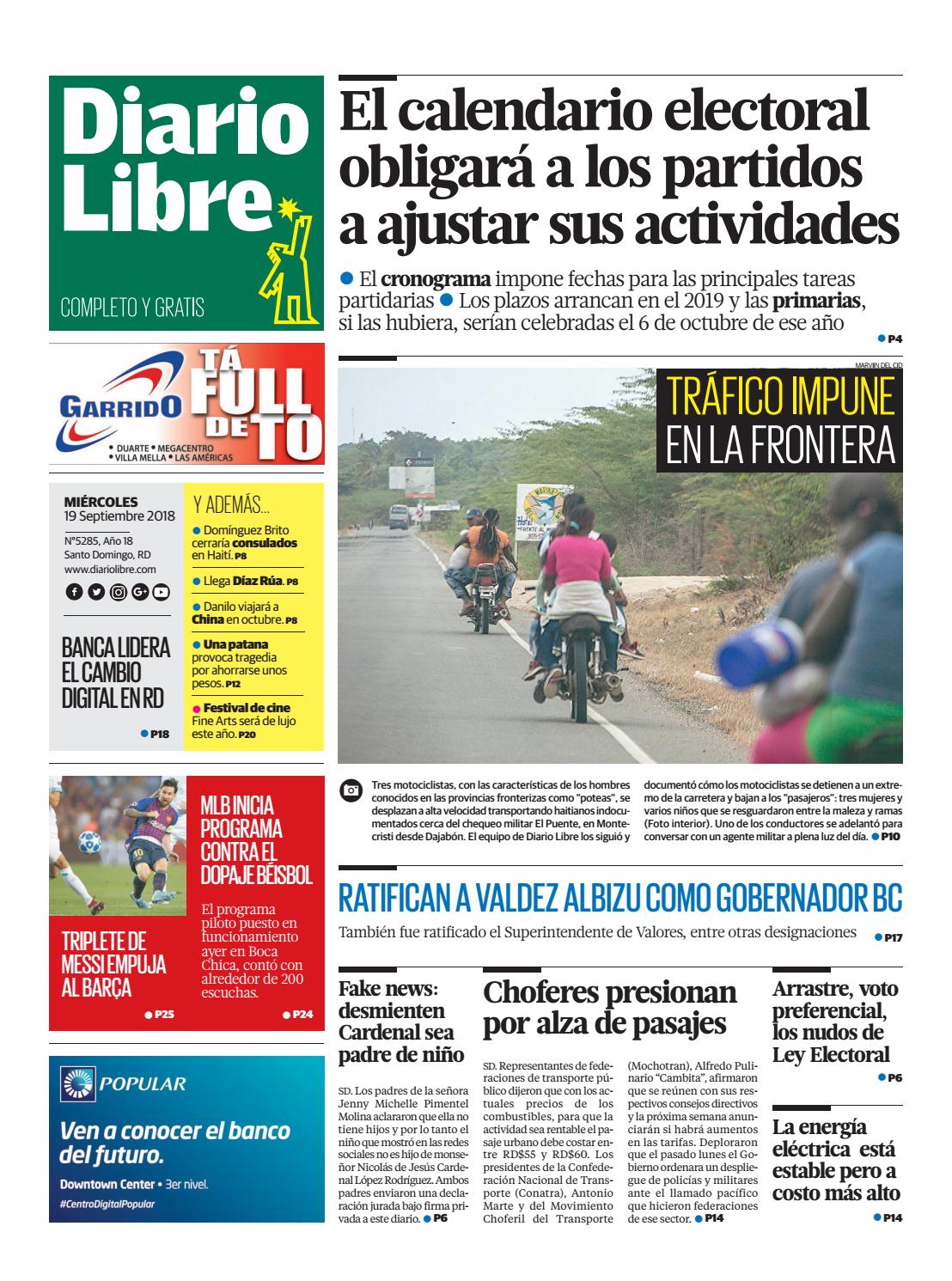 Portada Periódico Diario Libre, Miércoles 19 de Septiembre 2018