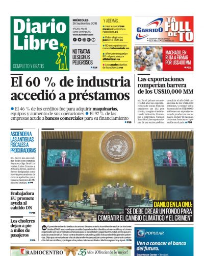 Portada Periódico Diario Libre, Miércoles 26 de Septiembre 2018