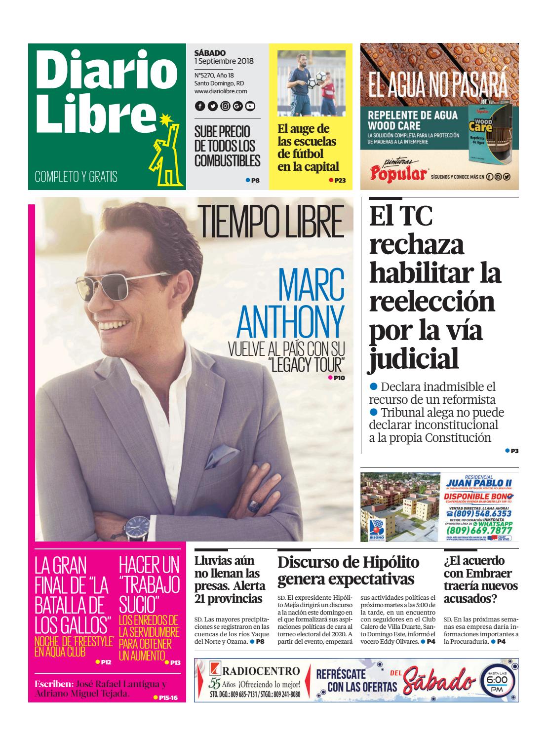 Portada Periódico Diario Libre, Sábado 01 de Septiembre 2018