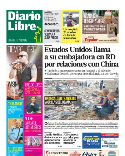 Portada Periódico Diario Libre, Sábado 08 de Septiembre 2018