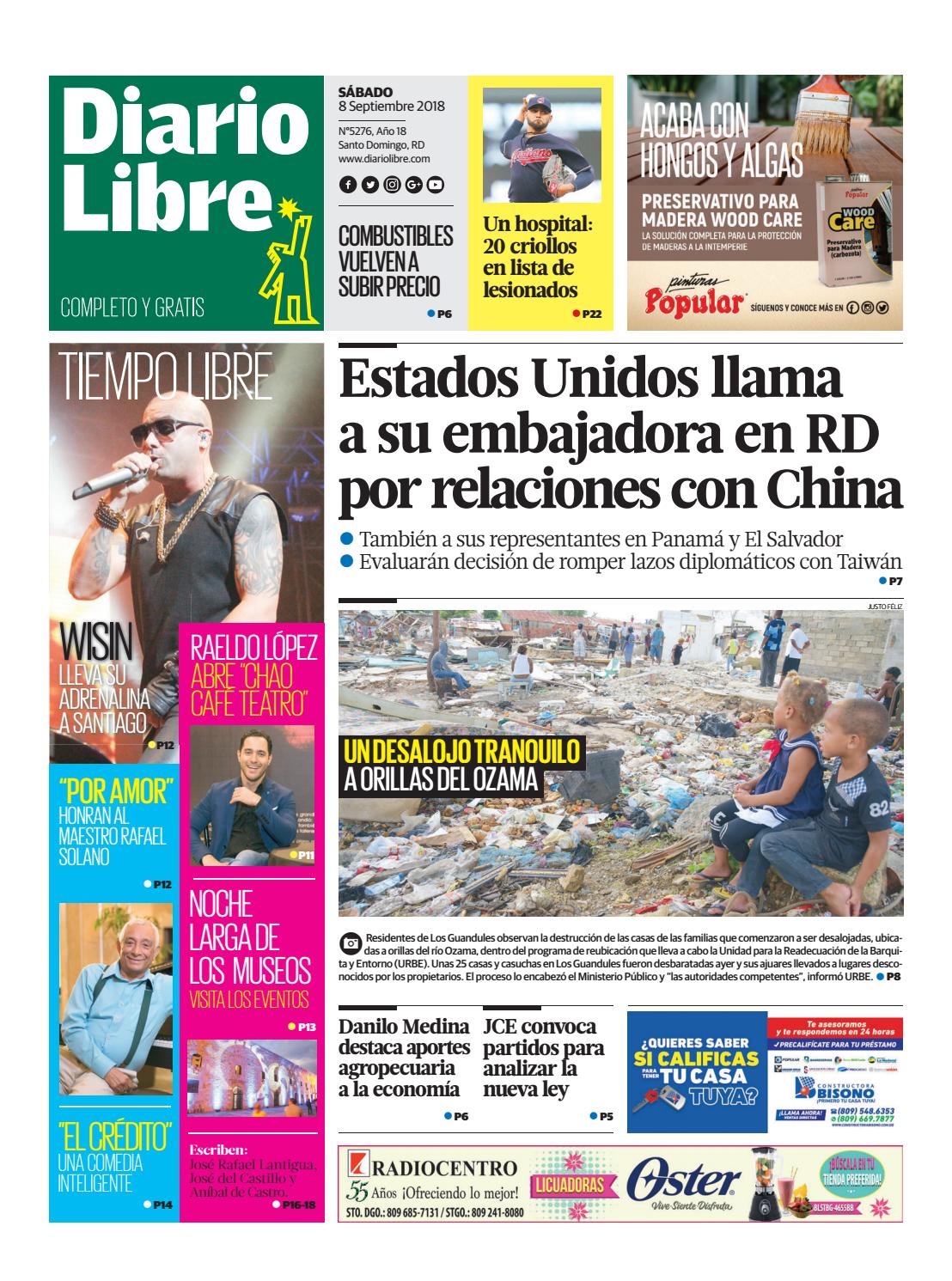 Portada Periódico Diario Libre, Sábado 08 de Septiembre 2018