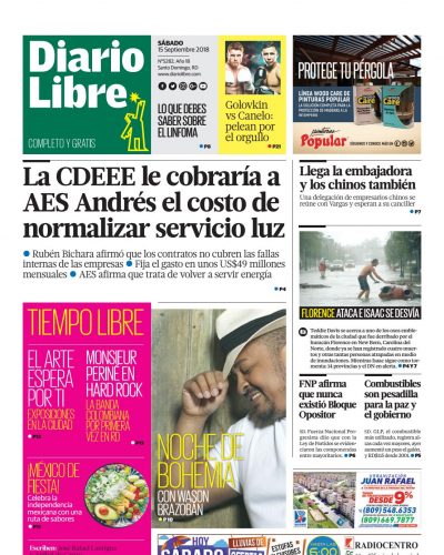 Portada Periódico Diario Libre, Sábado 15 de Septiembre 2018