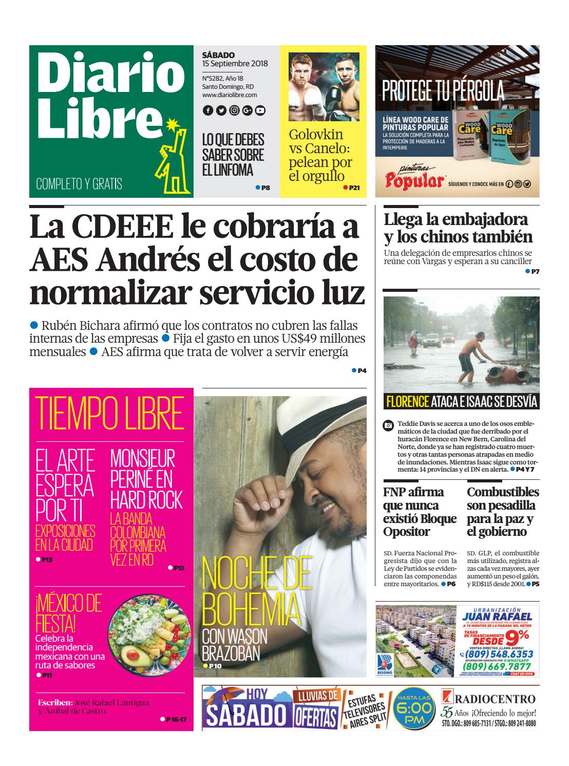 Portada Periódico Diario Libre, Sábado 15 de Septiembre 2018