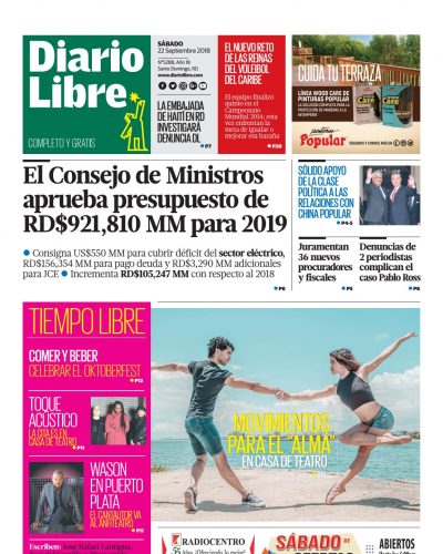Portada Periódico Diario Libre, Sábado 22 de Septiembre 2018