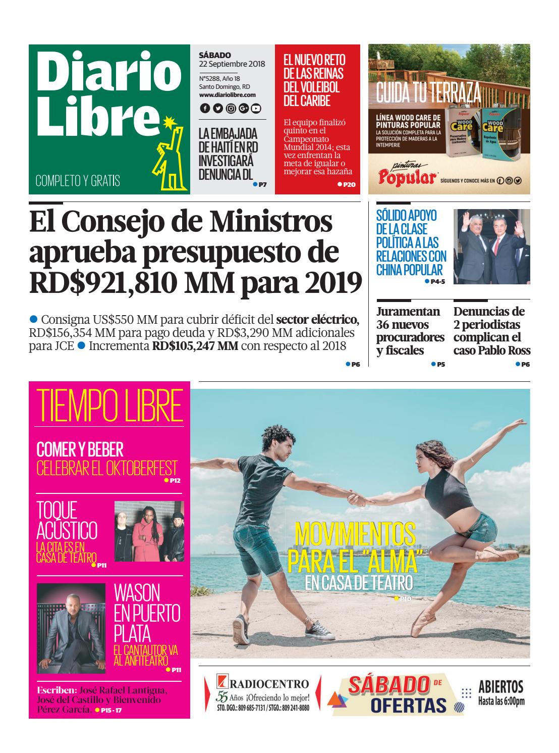 Portada Periódico Diario Libre, Sábado 22 de Septiembre 2018
