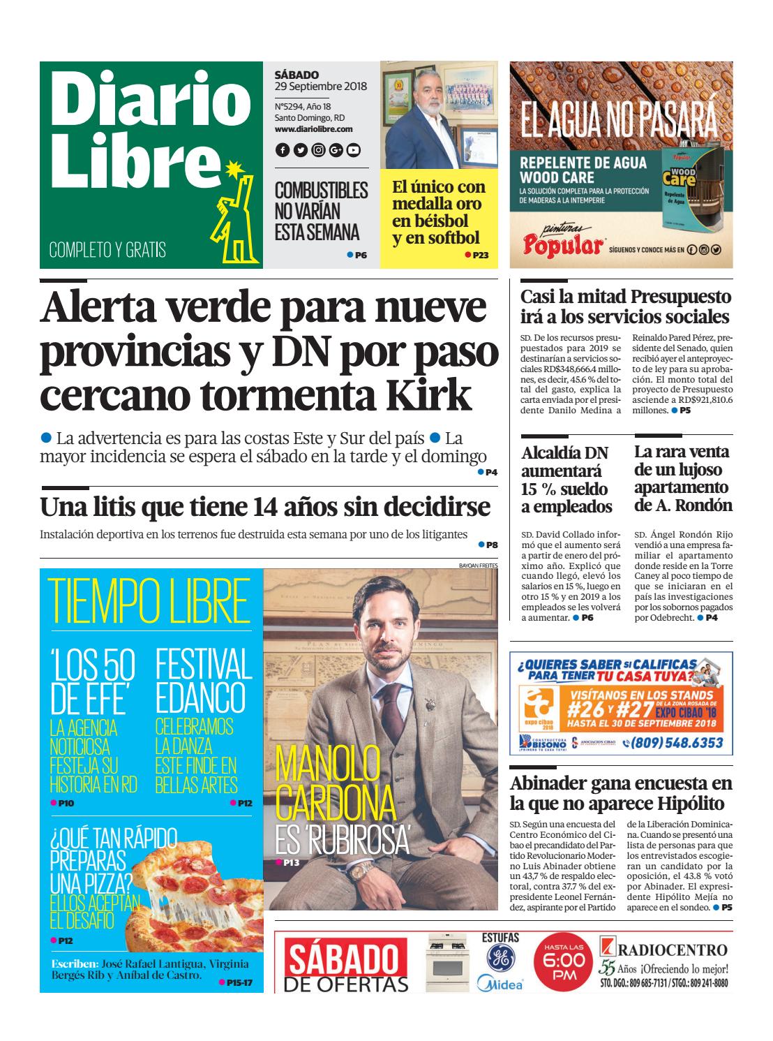 Portada Periódico Diario Libre, Sábado 29 de Septiembre 2018