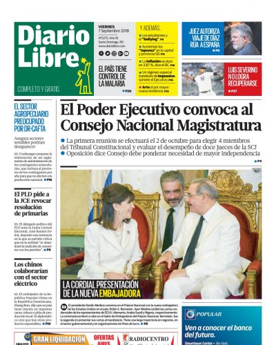 Portada Periódico Diario Libre, Viernes 07 de Septiembre 2018