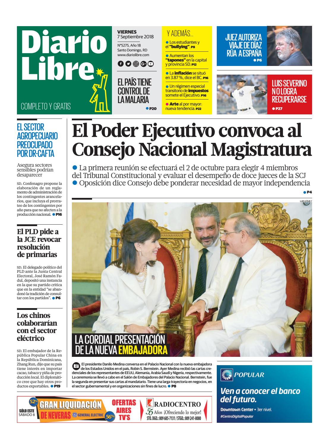 Portada Periódico Diario Libre, Viernes 07 de Septiembre 2018