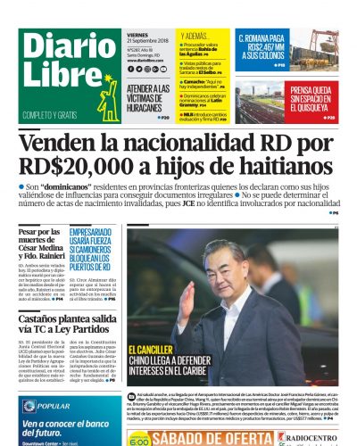 Portada Periódico Diario Libre, Viernes 21 de Septiembre 2018