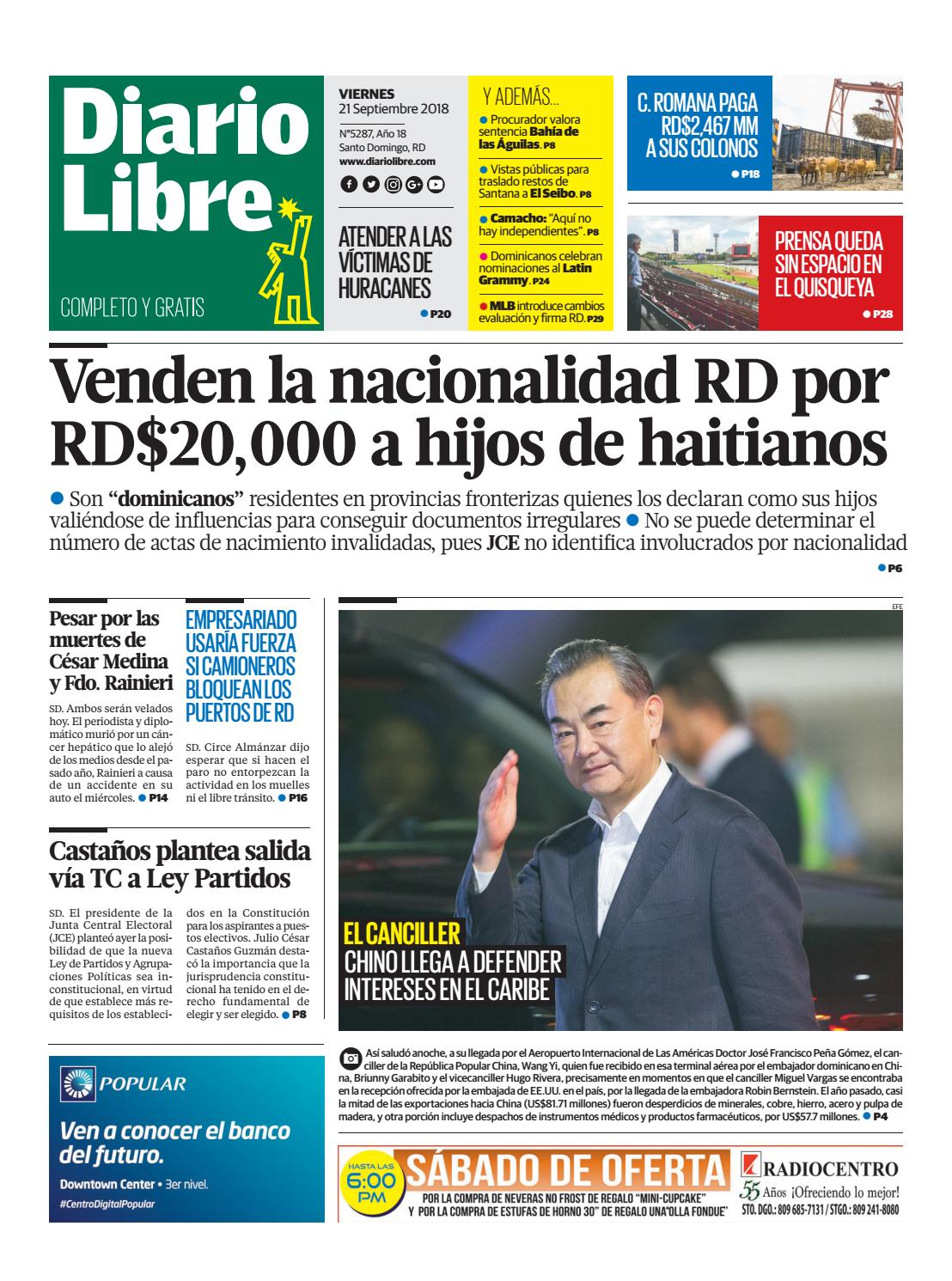 Portada Periódico Diario Libre, Viernes 21 de Septiembre 2018