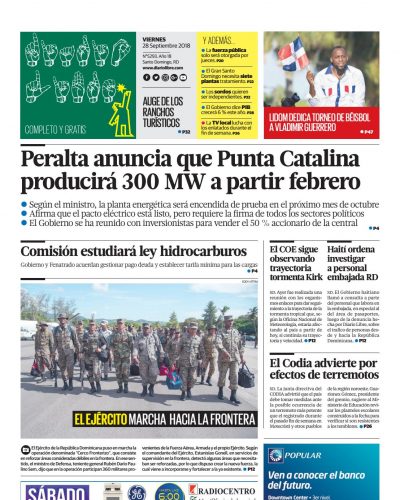 Portada Periódico Diario Libre, Viernes 28 de Septiembre 2018