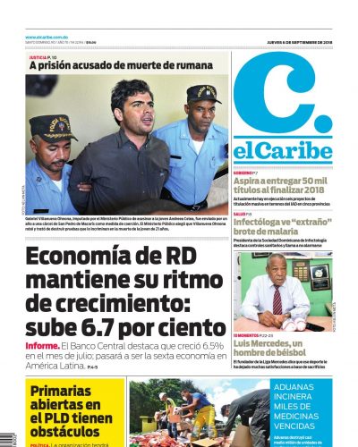 Portada Periódico El Caribe, Jueves 07 de Septiembre 2018