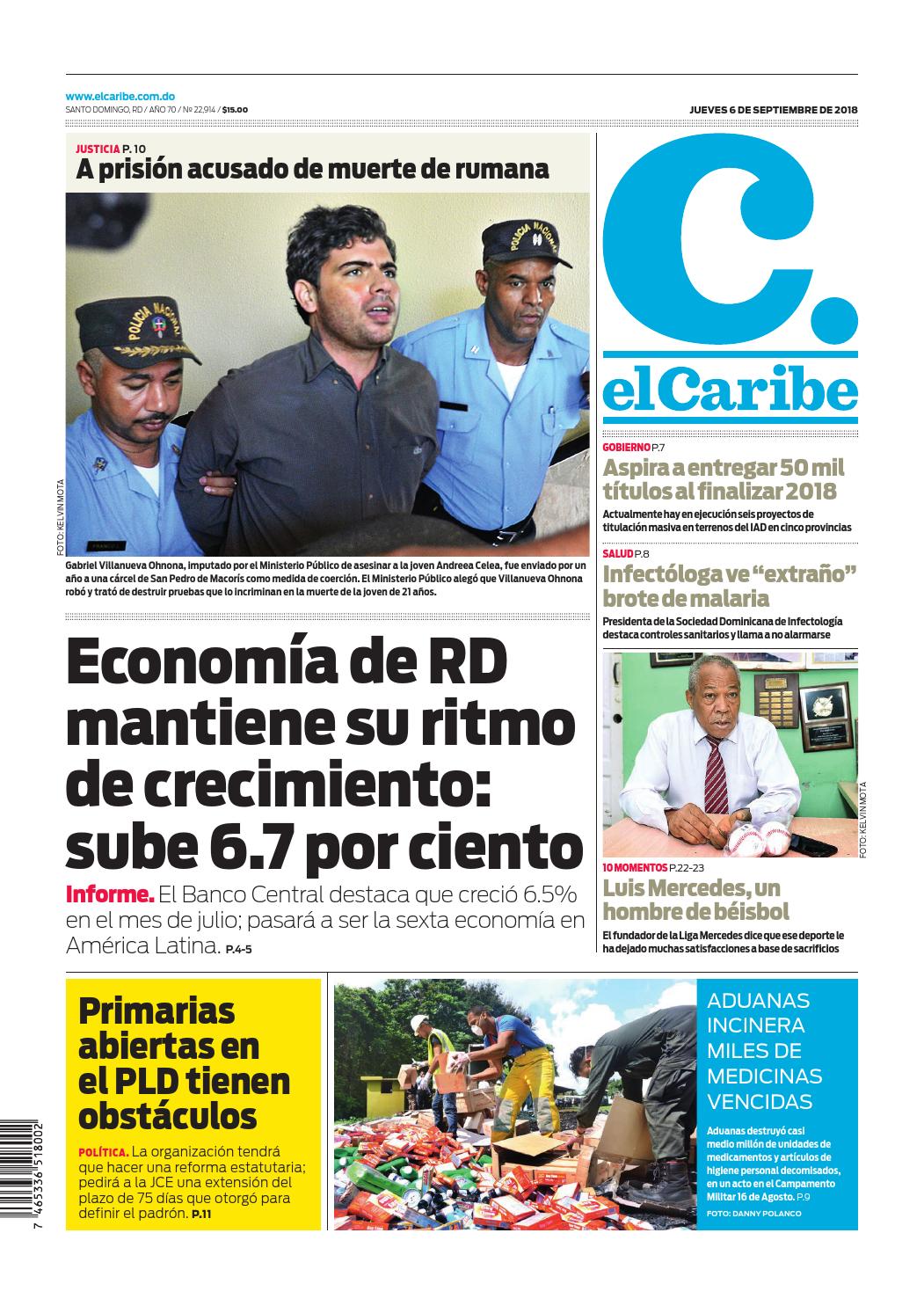 Portada Periódico El Caribe, Jueves 07 de Septiembre 2018